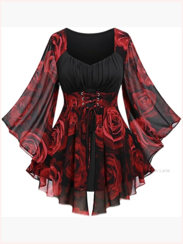 Plus Size Gothic Lace Up Bell Sleeves Renaissance Top For Women